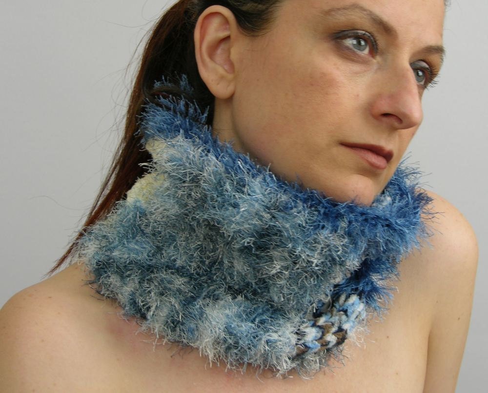 tube cowl neck warmer tube scarf cowl scarflette knitted in cream and blue fuzzy turtle neck curationnation
