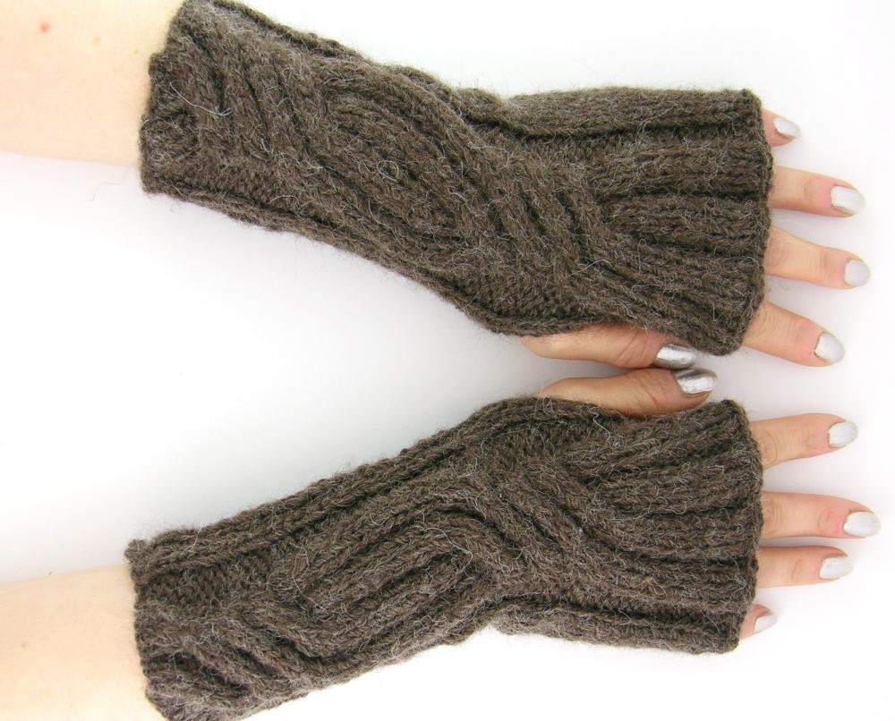 knit arm warmers cable knit  fingerless gloves knit mittens dark coffee chocolate brown   alpaca mix unisex men women curationnation