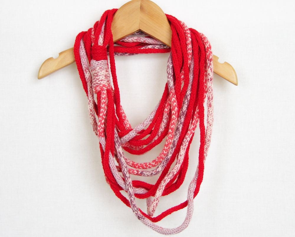 Scarf necklace infinity scarf loop scarf neck wrap neck warmer knit necklace red orchid white curationnation therougett