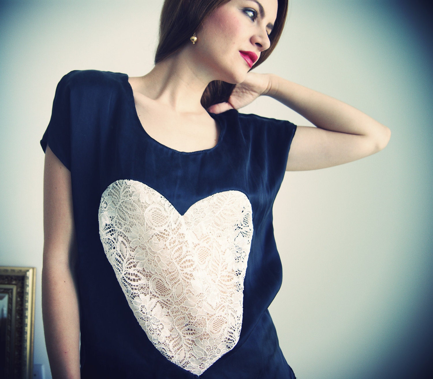 SAMPLE SALE All is Love Heart Top / Black and Cream / Silk and Lace