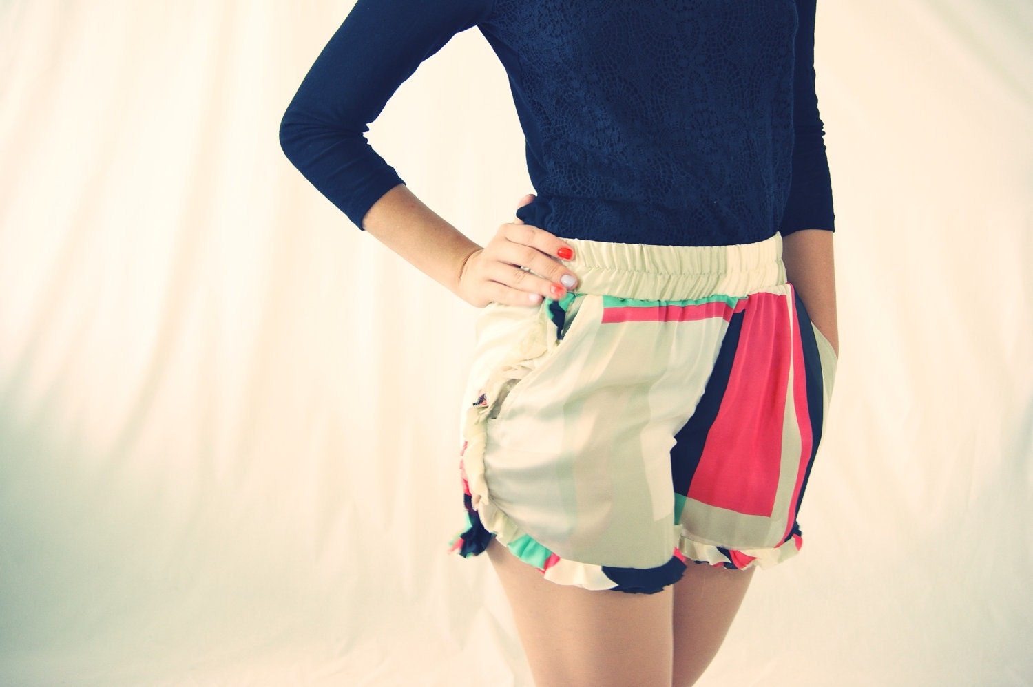 Geometric Color Block Print SIlk Cupcake Shorts