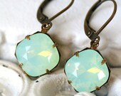 Swarovski Cushion Cut Chrysolite Opal Earrings, Estate Style Earrings
