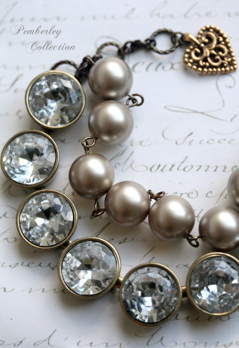 Rhinestone and Pearl Bracelet, Swarovski, Double Strand, Estate Style, Platinum Color