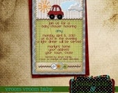 Vroom Vroom Baby. Cutsie Car Baby Shower Invite or Birthday Card.