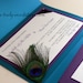 Peacock Feather Wedding invitation suite with Corner Feather in Purple and Peacock Blue