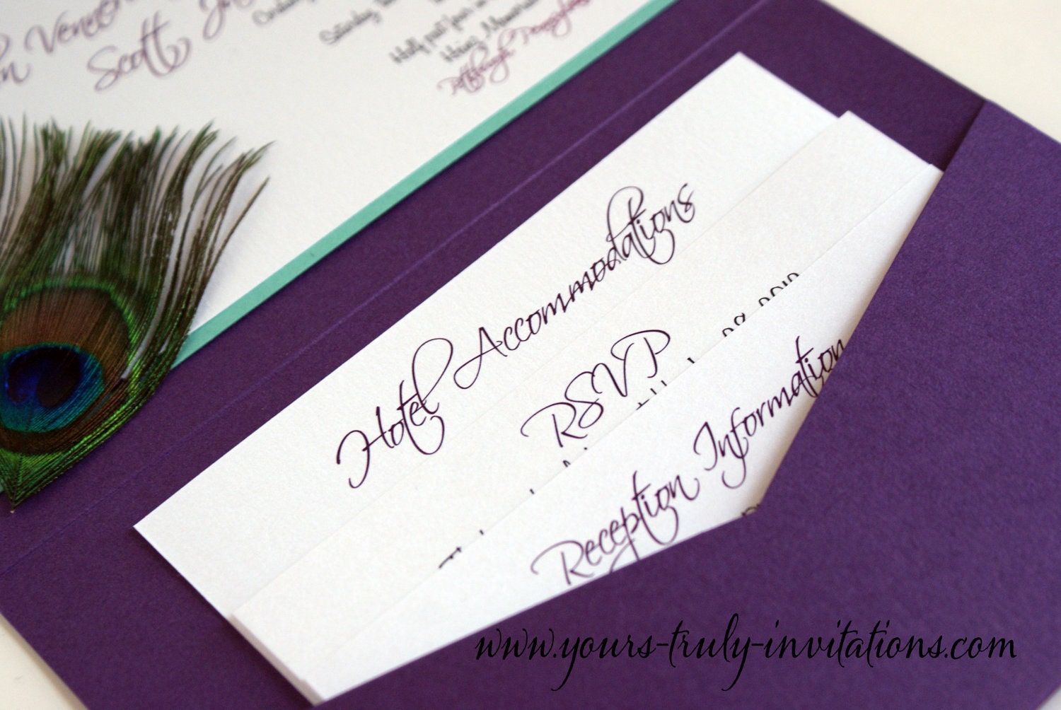 Peacock Feather Wedding invitation suite with Corner Feather in Purple and Peacock Blue