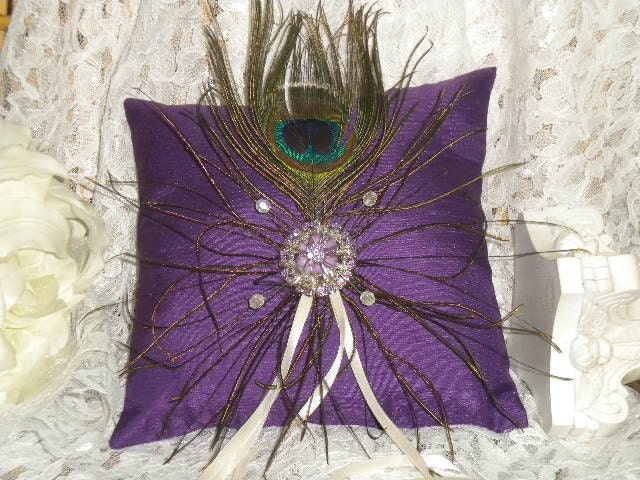 Elegant Bridal Ring Bearer Pillow with Peacock Feathers in Dark Purple-Violet color