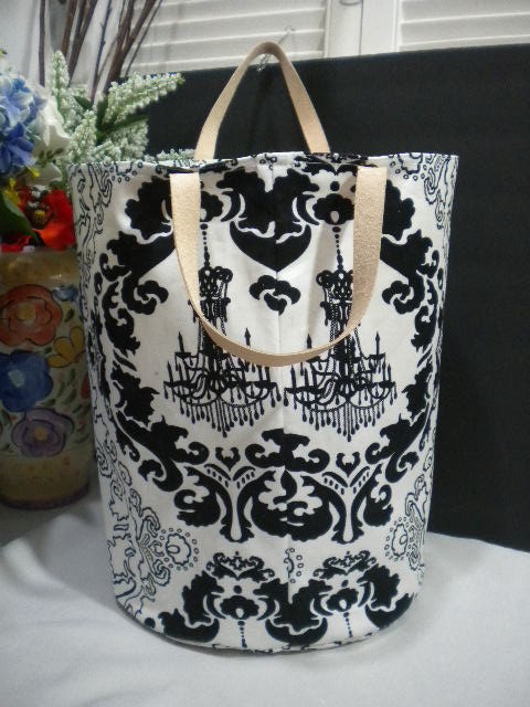 X-Large Fabric Organizer- Leather Handle / Hamper / Basket / Storage Container / Basket Bin / Round bottom / Black & white Chandelier design