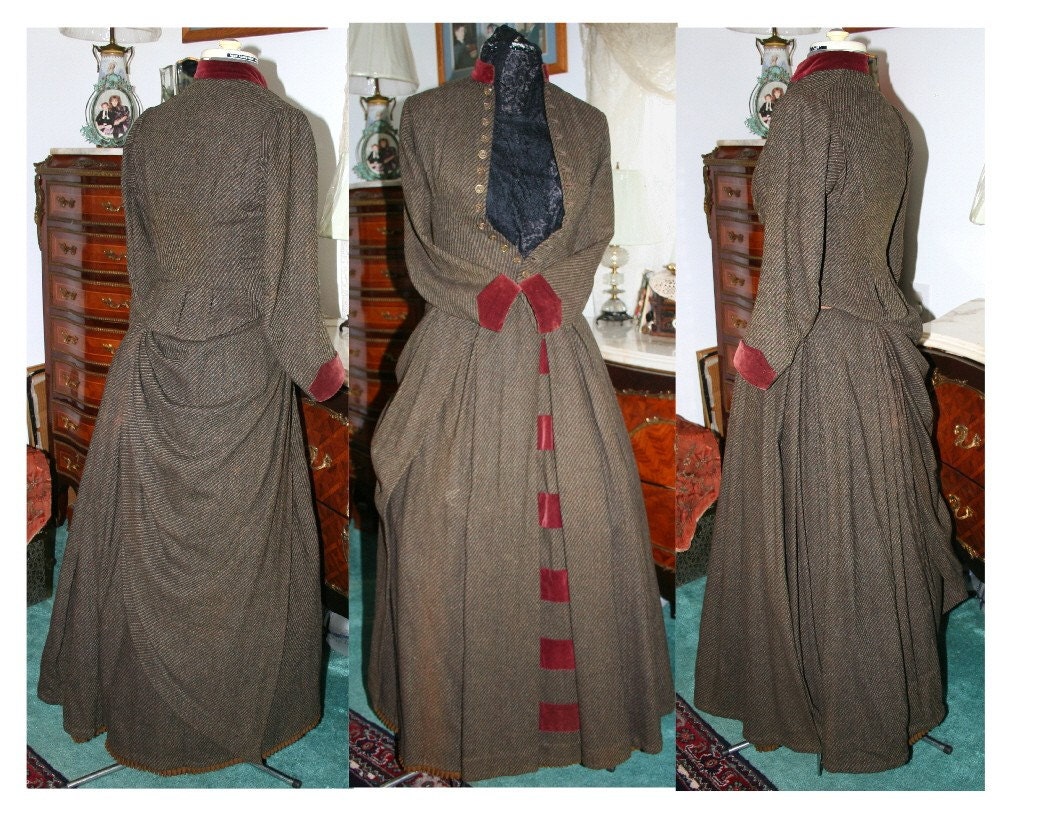 Lat 1800s Early 1900's Wool Herringbone w Burgundy Velvet Trim Original Jacket and Skirt Outfit Steampunk