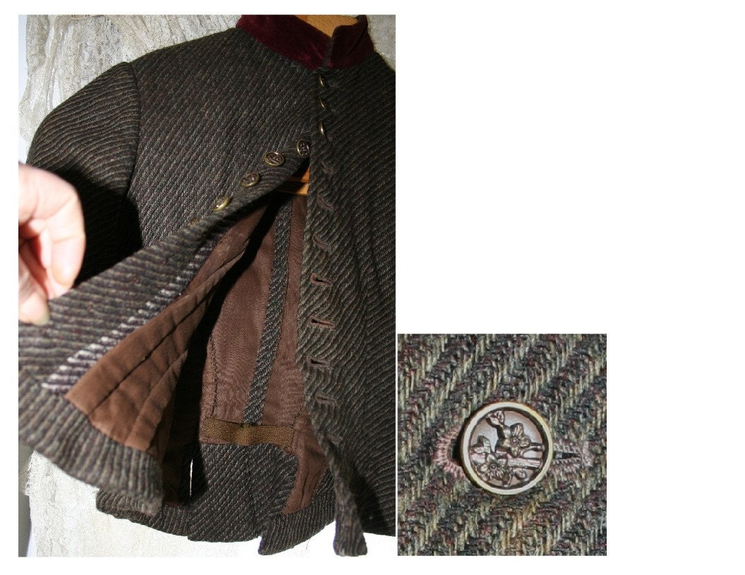Lat 1800s Early 1900's Wool Herringbone w Burgundy Velvet Trim Original Jacket and Skirt Outfit Steampunk