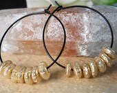 Oxidized Silver Hoop Earrings with Sparkling Vintage Golden Celluloid Puffed Sequins- Holiday Fashion