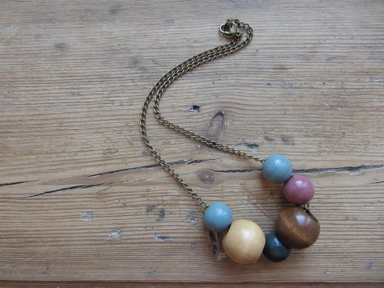 SALE / Vintage Wooden Beads and Chain Necklace - Upcycled and Recycled Jewelry