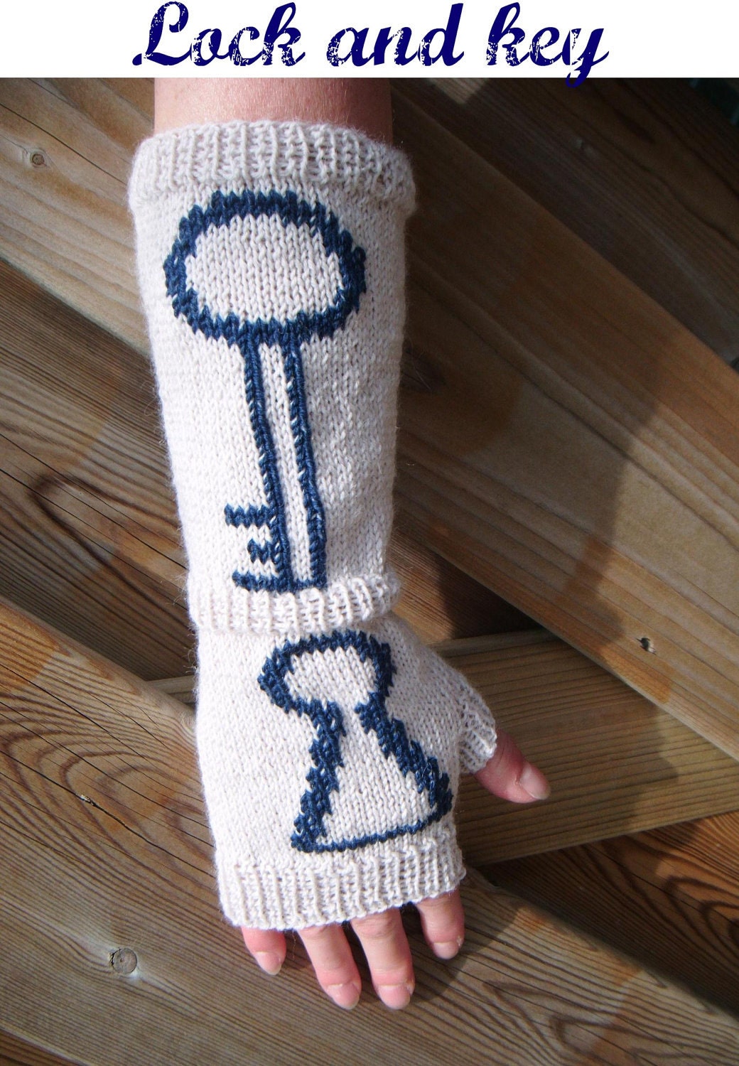 Lock and Key Fingerless Gloves, Long Hand Knit - Off White Creme and Navy Blue