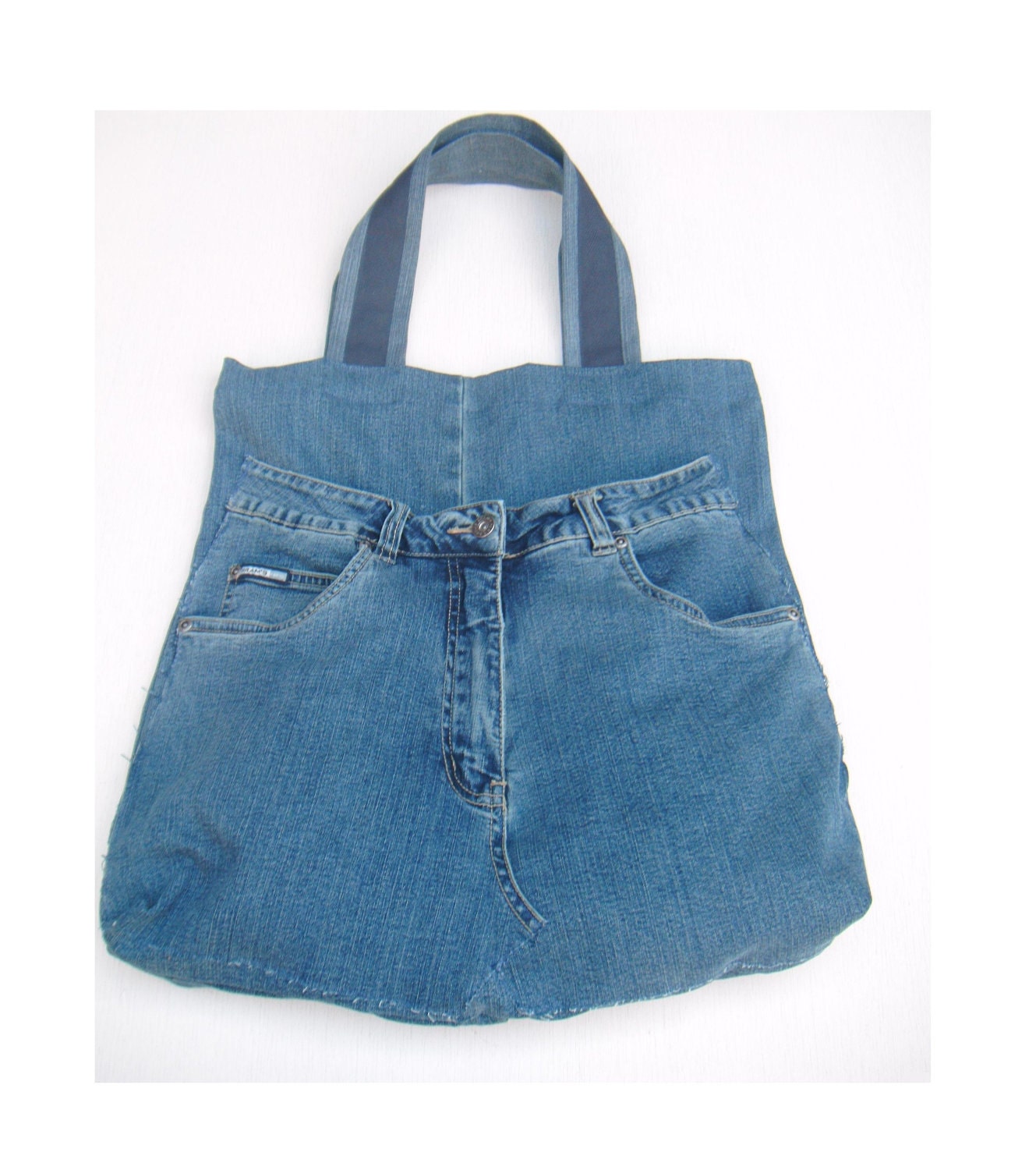 Tote Bag Purse, Repurposed Denim Hand Bag, Eco Friendly  - Blue Denim, Dark Blue strap
