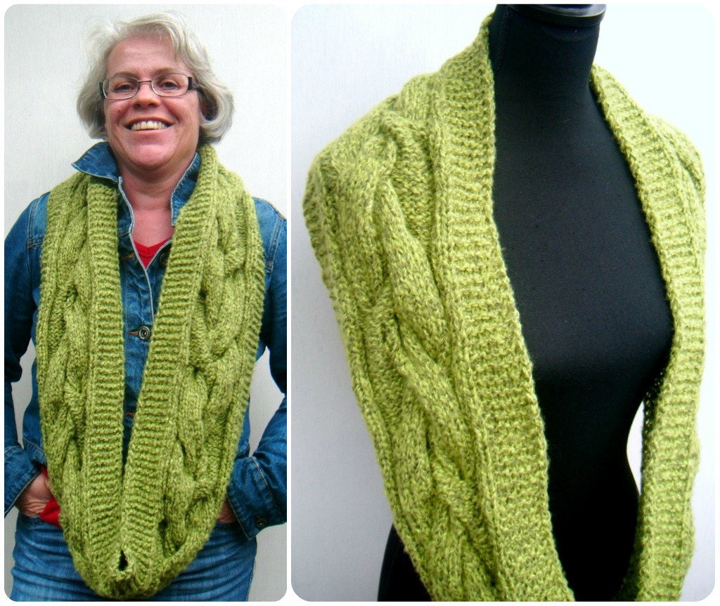 Braided Infinity Scarf, Double Cowl, Long Loop Scarf, Hand Knit - Grass Green