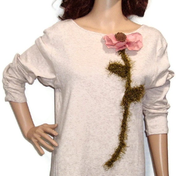 Shabby Chic Embellished T-shirt Tan Heather and Dusty Rose Nature's Corsage