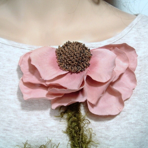 Shabby Chic Embellished T-shirt Tan Heather and Dusty Rose Nature's Corsage