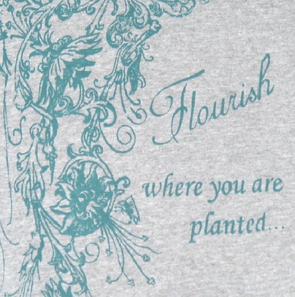 Screenprinted Tee Floral Design and Text Gray with Aqua Ink