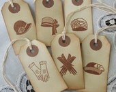6 small hang tags vintage hats and gloves on distressed manila hang tags