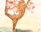 yoga painting watercolor tree landscape female yogi spring cherry tree