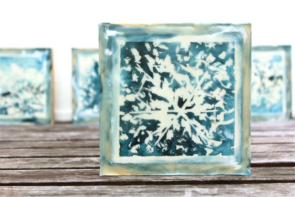 snowflake painting, watercolor and encaustic- holiday decor, abstract, blue white cream on wood