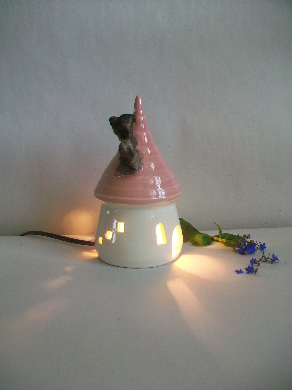 Fairy House/ Night Light - with a Pink Roof