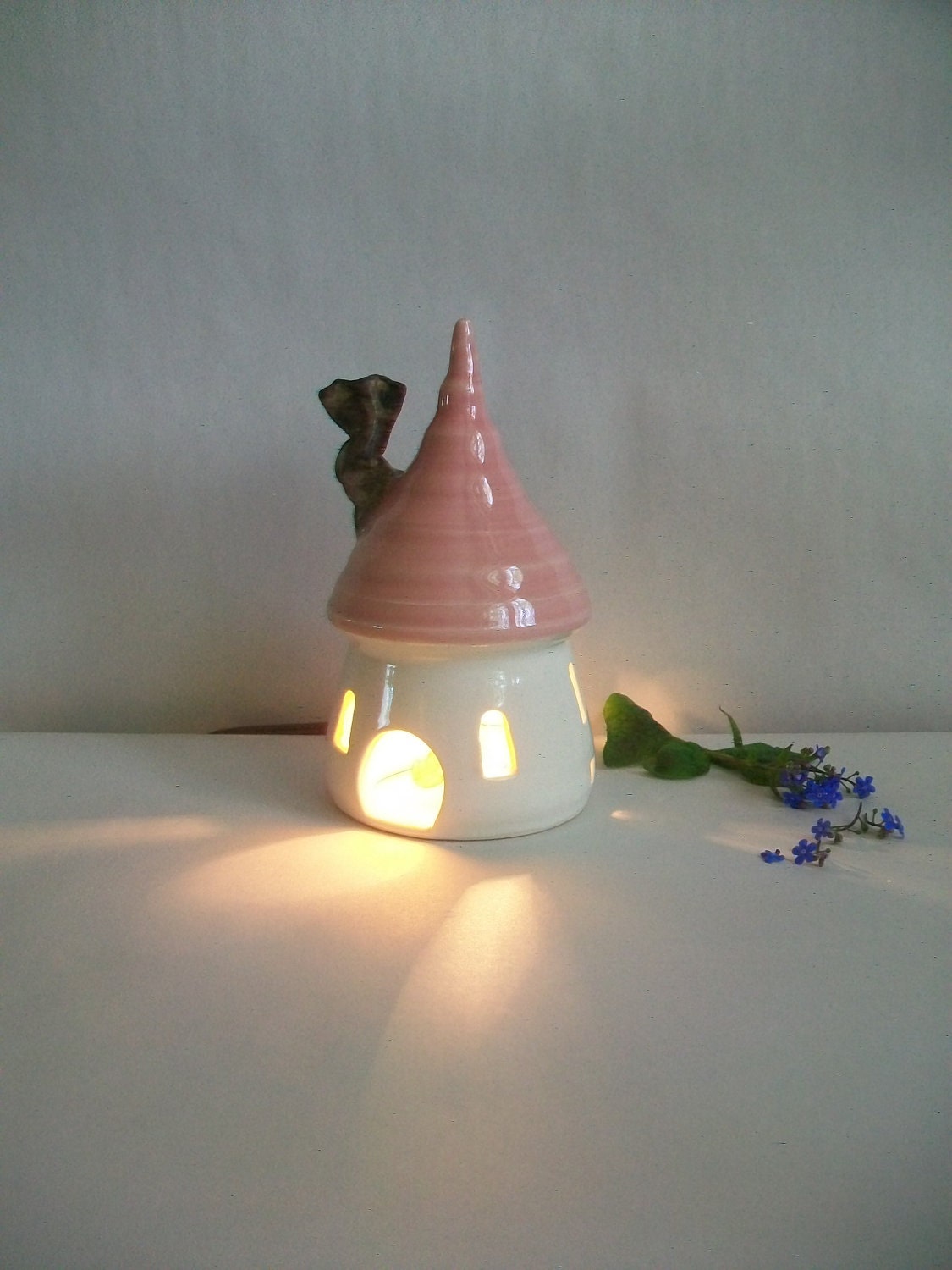 Fairy House/ Night Light - with a Pink Roof