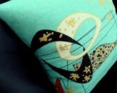 Retro Throw Pillow Case - Aqua Atomic Space Age - for 18" X 18" insert - Premium Reproduction Barkcloth