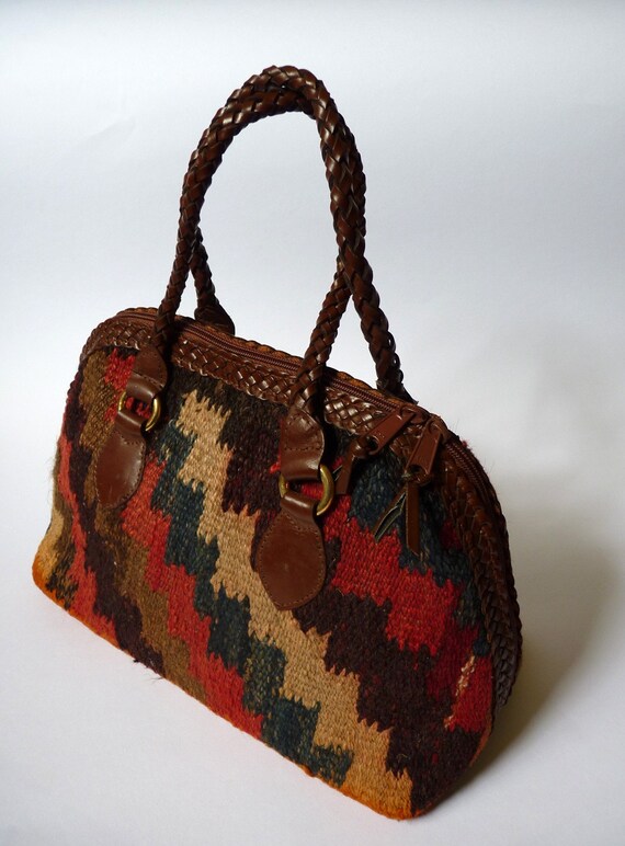Hand Woven Kilim Carpet Bag with Leather Trim by FoxandThomas