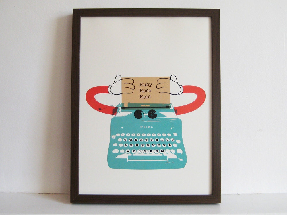 Aqua Robot - Personalised Typewriter Decor Print for Nursery, Play Room, Home