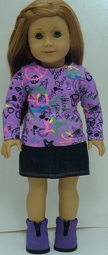 Trendy Graffiti Print Shirt And Denim Skirt For American GIrl Or Similar 18-Inch Dolls