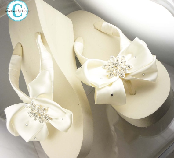 Ivory Wedge Bridal Flip Flops Rhinestone Satin Flower Bow Flip Flops ...