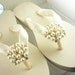 Ivory Wedge Bridal Flip Flops Rhinestone Satin Pearl Rhinestone Wedding Bride platform heel Wedding Ribbon,  brides, bridesmaids
