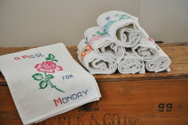 Vintage Days of the Week Flower Embroidered Flour Sack Towel Seven Day Set