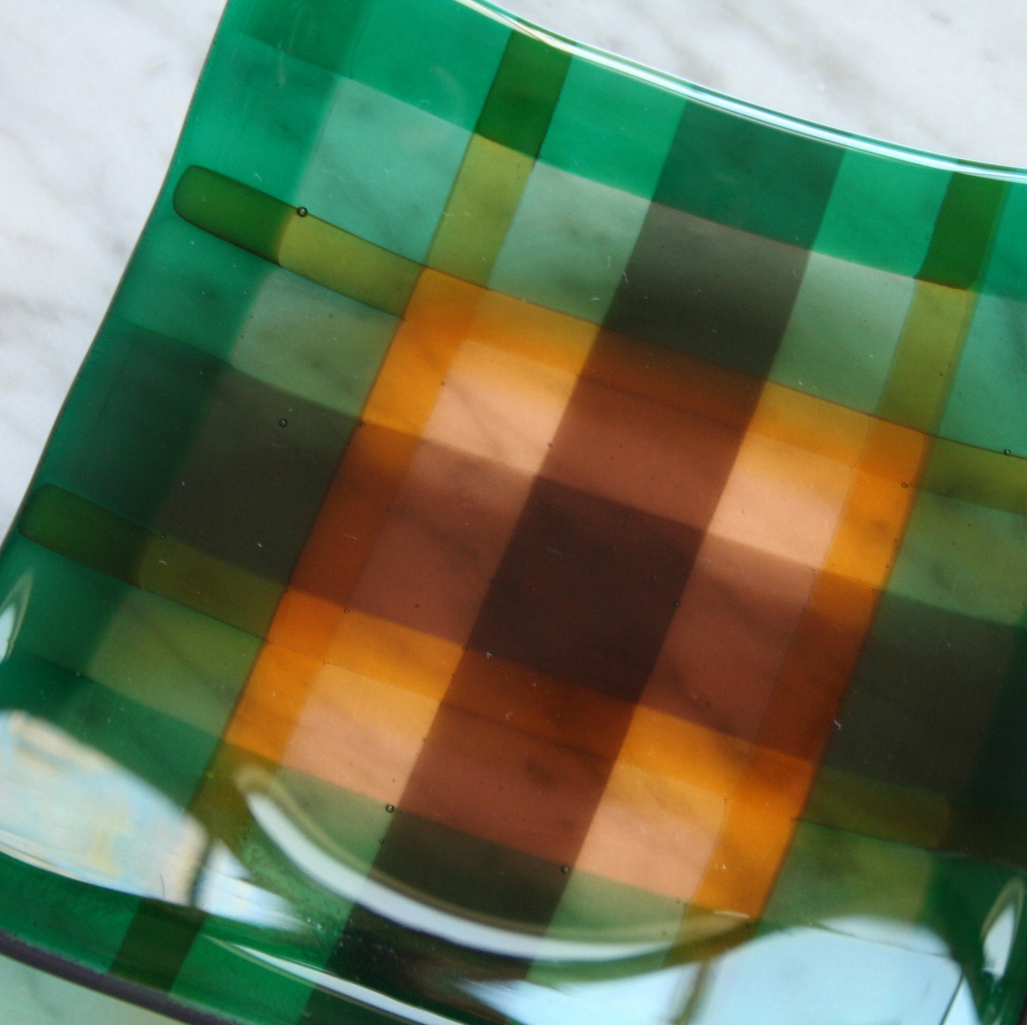 Plaid glass dish, fused square, gift ideas, green, amber.