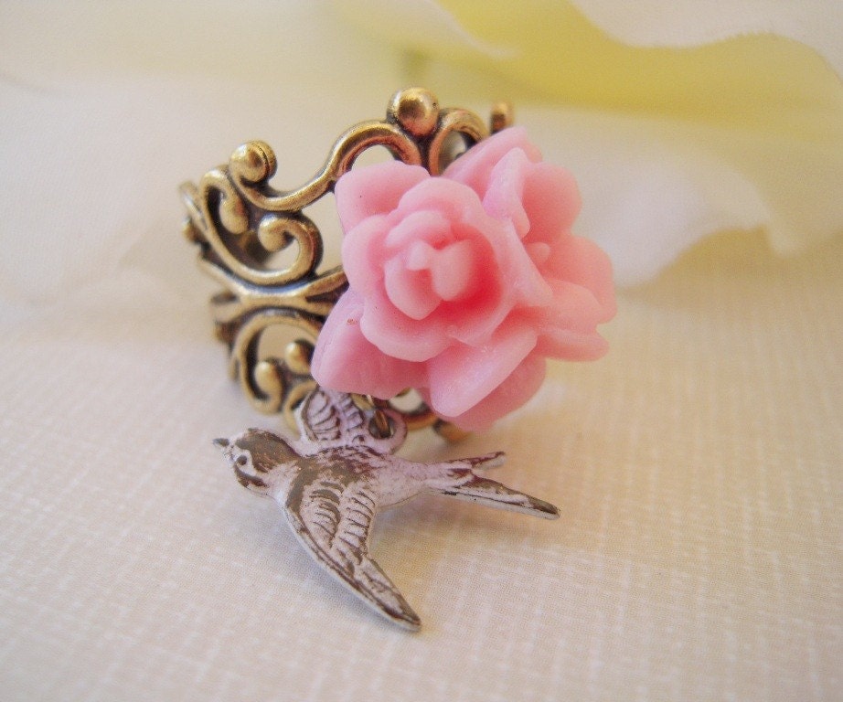 Pink Roses Shabby Chic Bird Charm Ring- Antique Brass Adjustable Ring- Last One Available