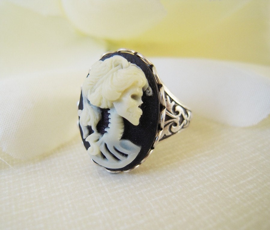 Steampunk Skeleton Goddess Ring- Antique Silver- Adjustable Cameo Ring