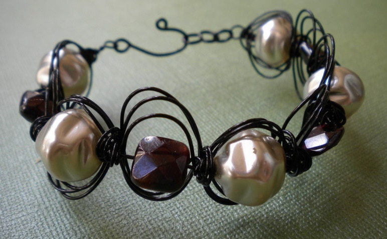 Glass Pearl and Garnet Wire Wrapped Bracelet