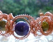 Amethyst and Green Garnet Copper  Wire and Coil Cuff
