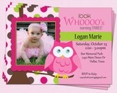 Owl Invitation Birthday Girl Look Who Pink Party