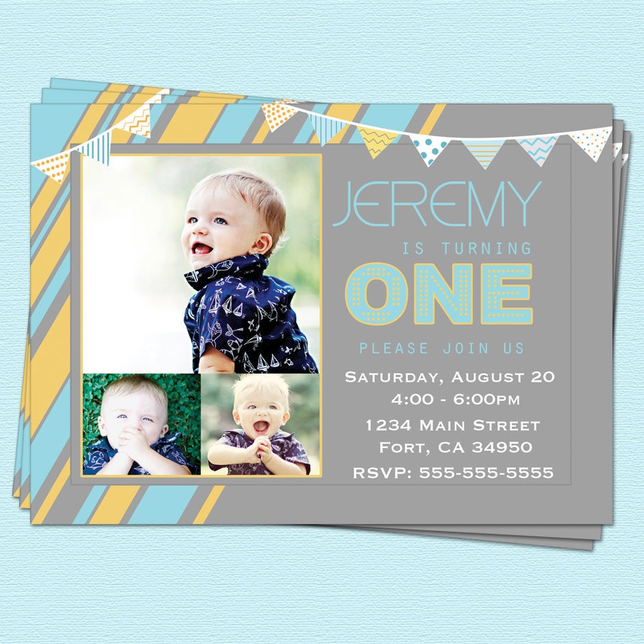 First 1st Birthday Invitations Boy Modern First Year Printable Party