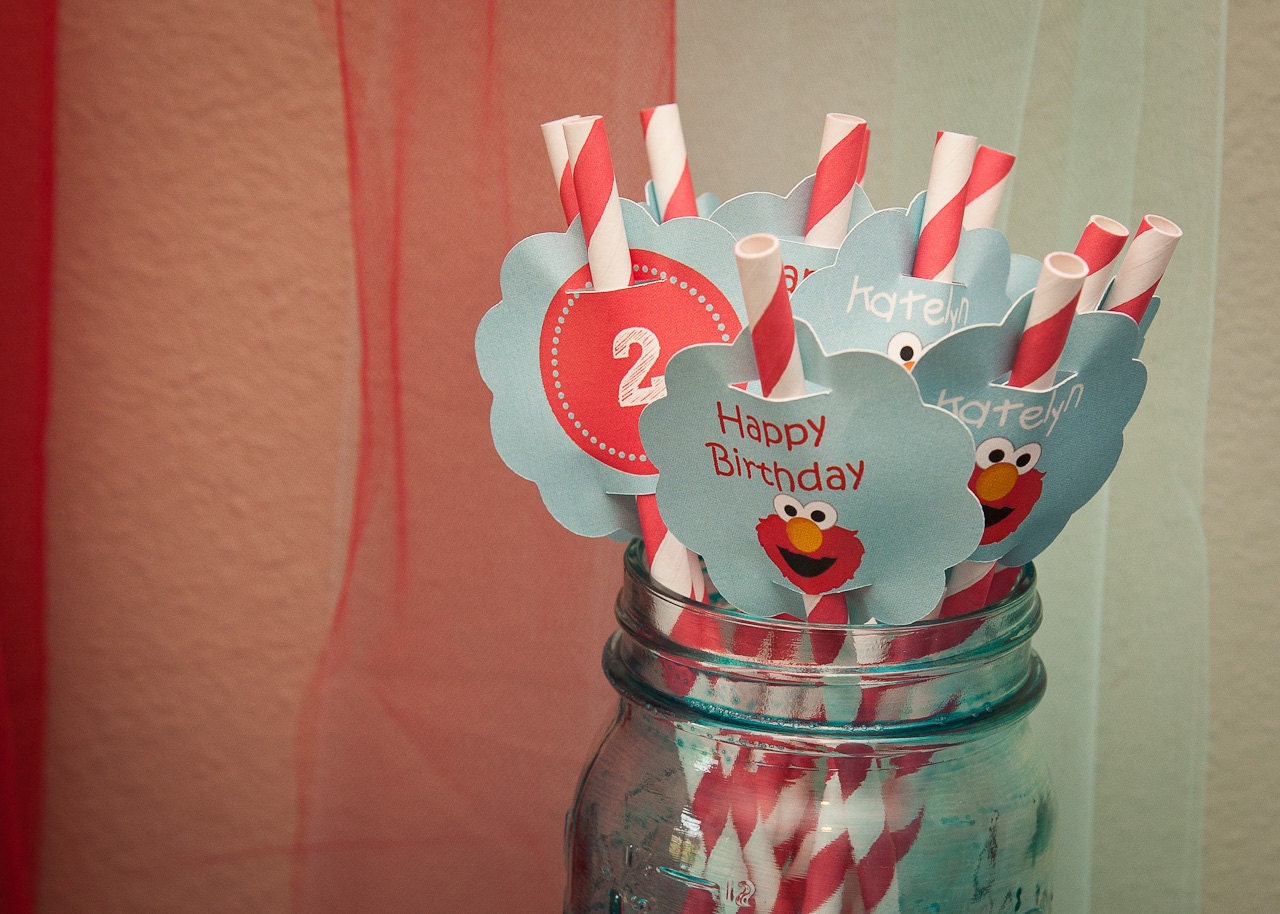 Elmo Birthday Paper Straws Tag Decals Set of 24