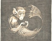 Sad Fiji:  Fiji Mermaid in Green and Tan, Three Layer Reduction Woodblock Print