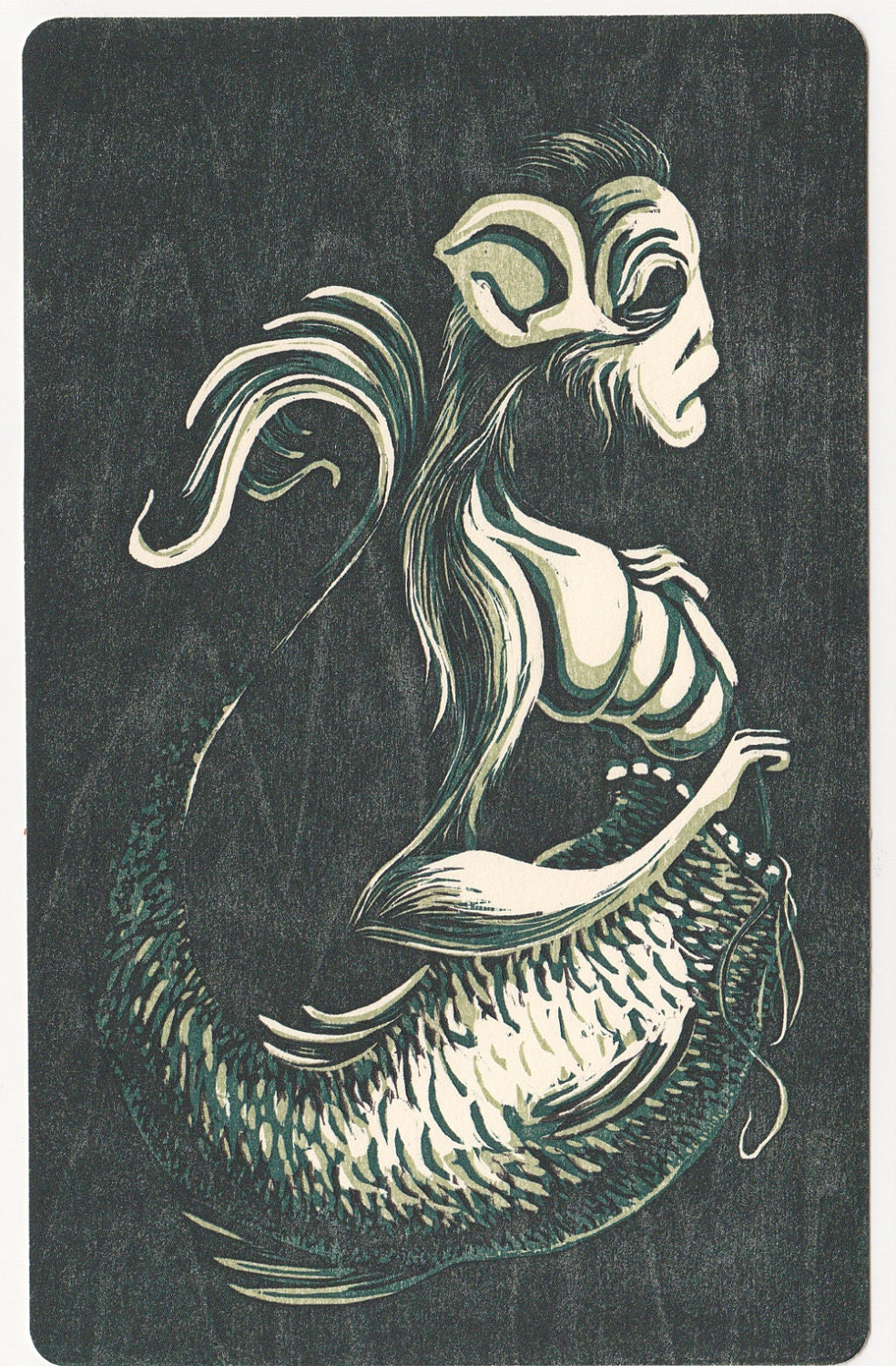 Pensive Fiji:  Fiji Mermaid in Green Tones, Three Layer Reduction Woodblock Print