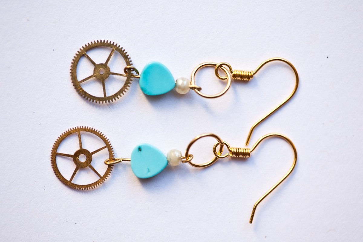 Steampunk earrings- turquoise with watch gears