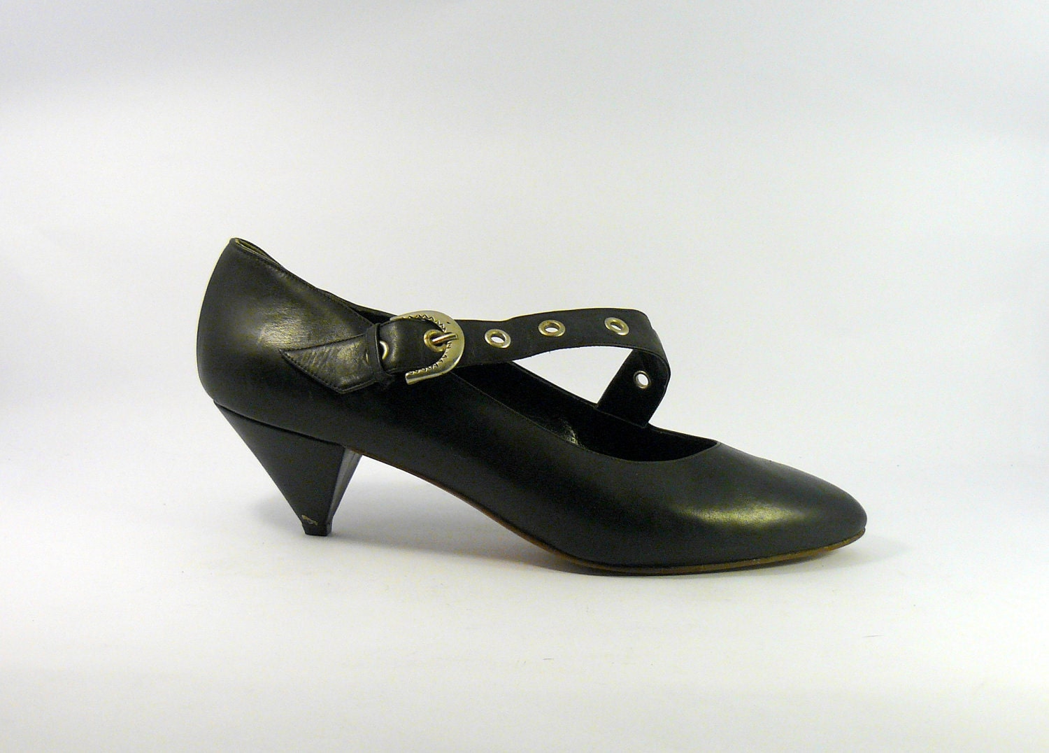 Vintage 1980s deastock black leather strappy heels. maryjane shoes 38 eu / 5 uk / 8 us