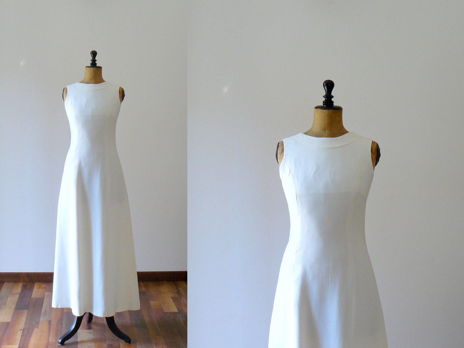 Vintage 1960s full length wedding dress. Mod white wedding gown with back bow and train