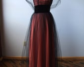 1950s Formal Dress PERSIMMON PRINCESS Taffeta Black VELVET Accents Full Length // free shipping