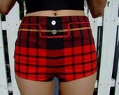 1950s Black Red & Yellow Plaid CAMPING Boy Cut SHORT SHORTS Swimsuit Bottoms Trunks