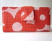 On sale Handmade women wallet Orange flowers white dots -ID clear pocket, vegan